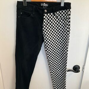 Royal Bones split leg black and checkered skinny jeans, size 7